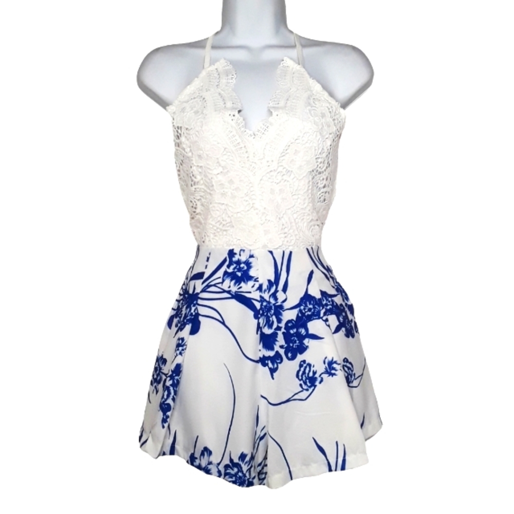 White Lace Blue Tropical Floral Print Criss Cross Back Sleeveless Romper Small